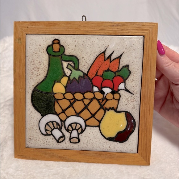 Vintage Food Vegetable Tile Trivet Wall Art Wooden Framed Mushrooms Carrots MCM - Picture 1 of 7